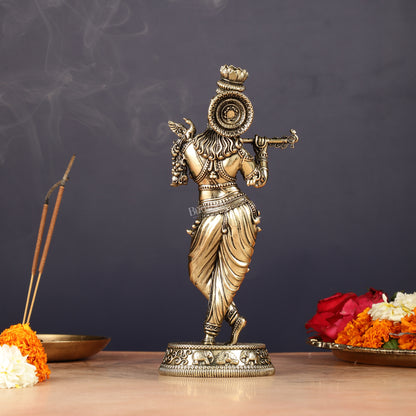 Intricate Pure Brass Lord Krishna Statue - 7.5"