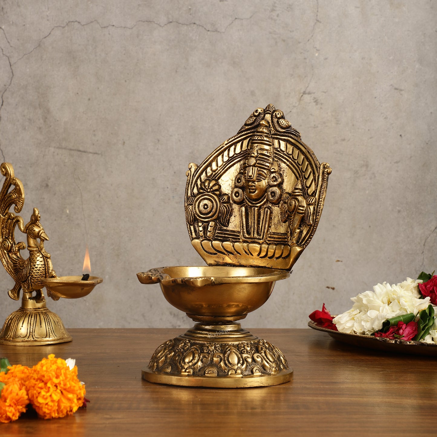 Brass tirupati balaji lamp shankh chakra 9 inch