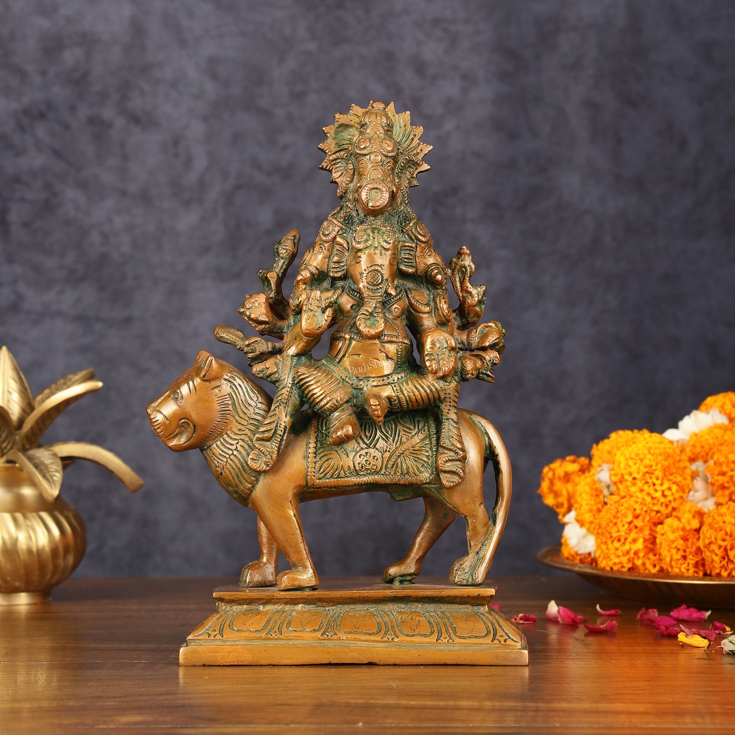 Brass Statue of Panchmukhi Heramba Ganesha - 9" Antique Bronze Finish