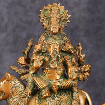 Brass Statue of Panchmukhi Heramba Ganesha - 9" Antique Bronze Finish