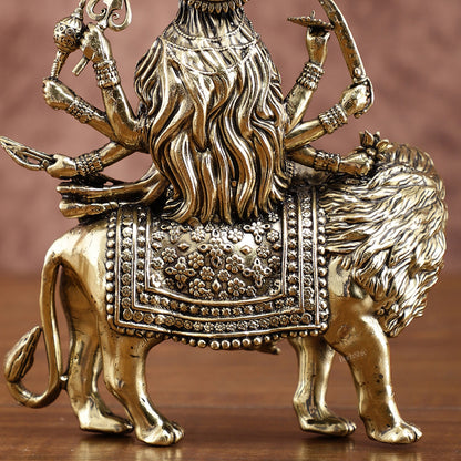 Brass Durga on Lion Idol – 6 Inches, Superfine Lightweight