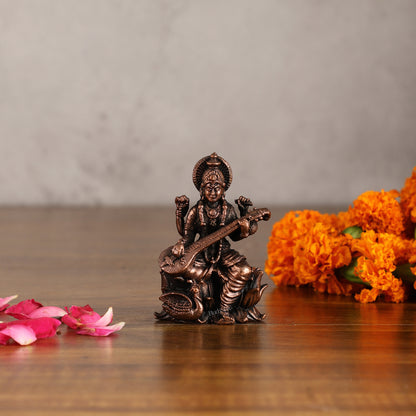 Pure Copper Saraswati on Lotus Idol | 3"