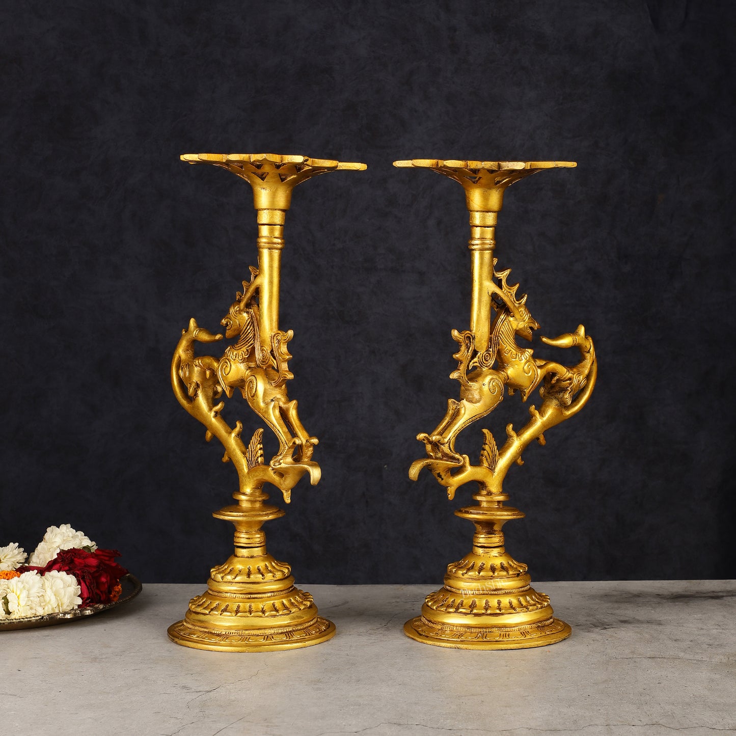 Pair of Pure Brass Yali Candle Holders 9"