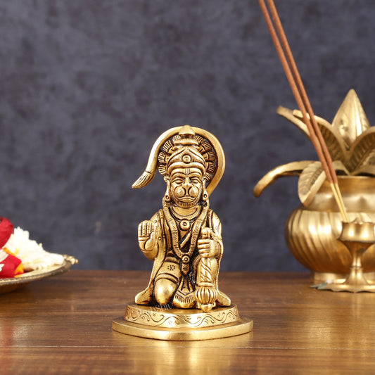 Pure Brass Small Blessing Hanuman Idol - 4" Height