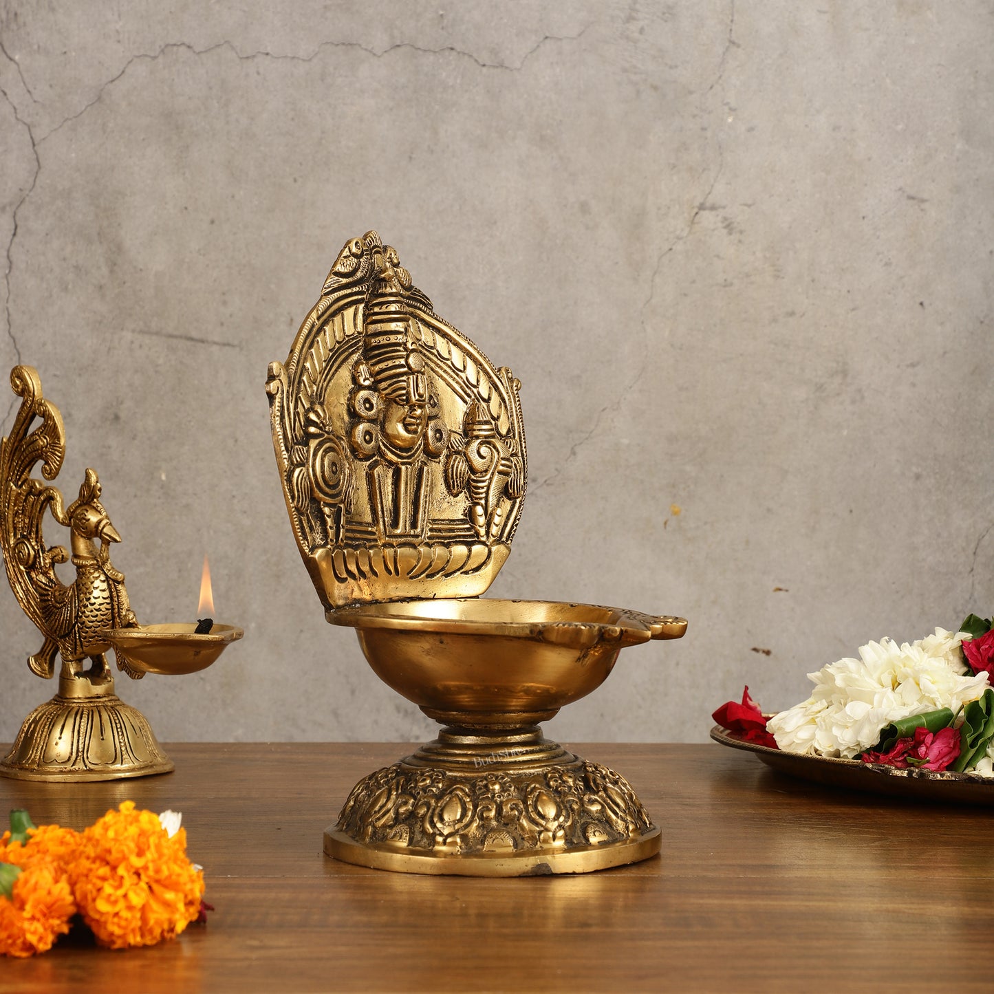 Brass tirupati balaji lamp shankh chakra 9 inch