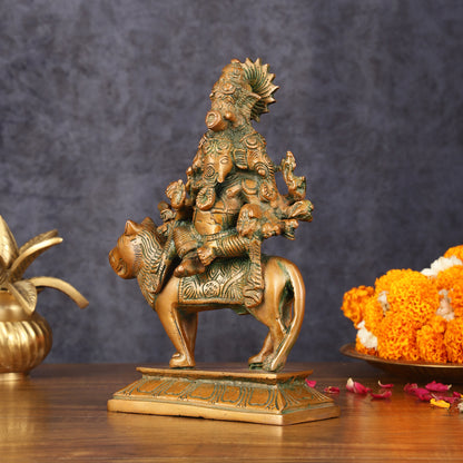 Brass Statue of Panchmukhi Heramba Ganesha - 9" Antique Bronze Finish