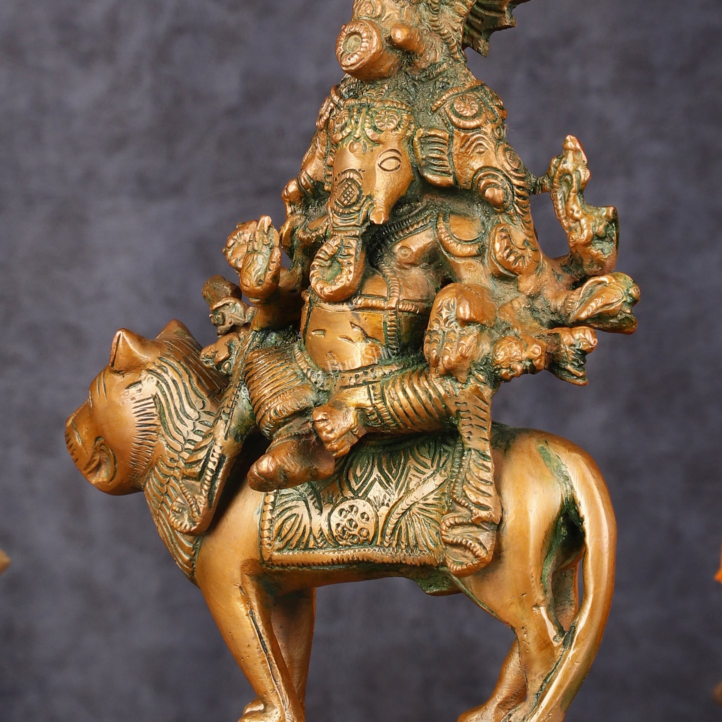 Brass Statue of Panchmukhi Heramba Ganesha - 9" Antique Bronze Finish