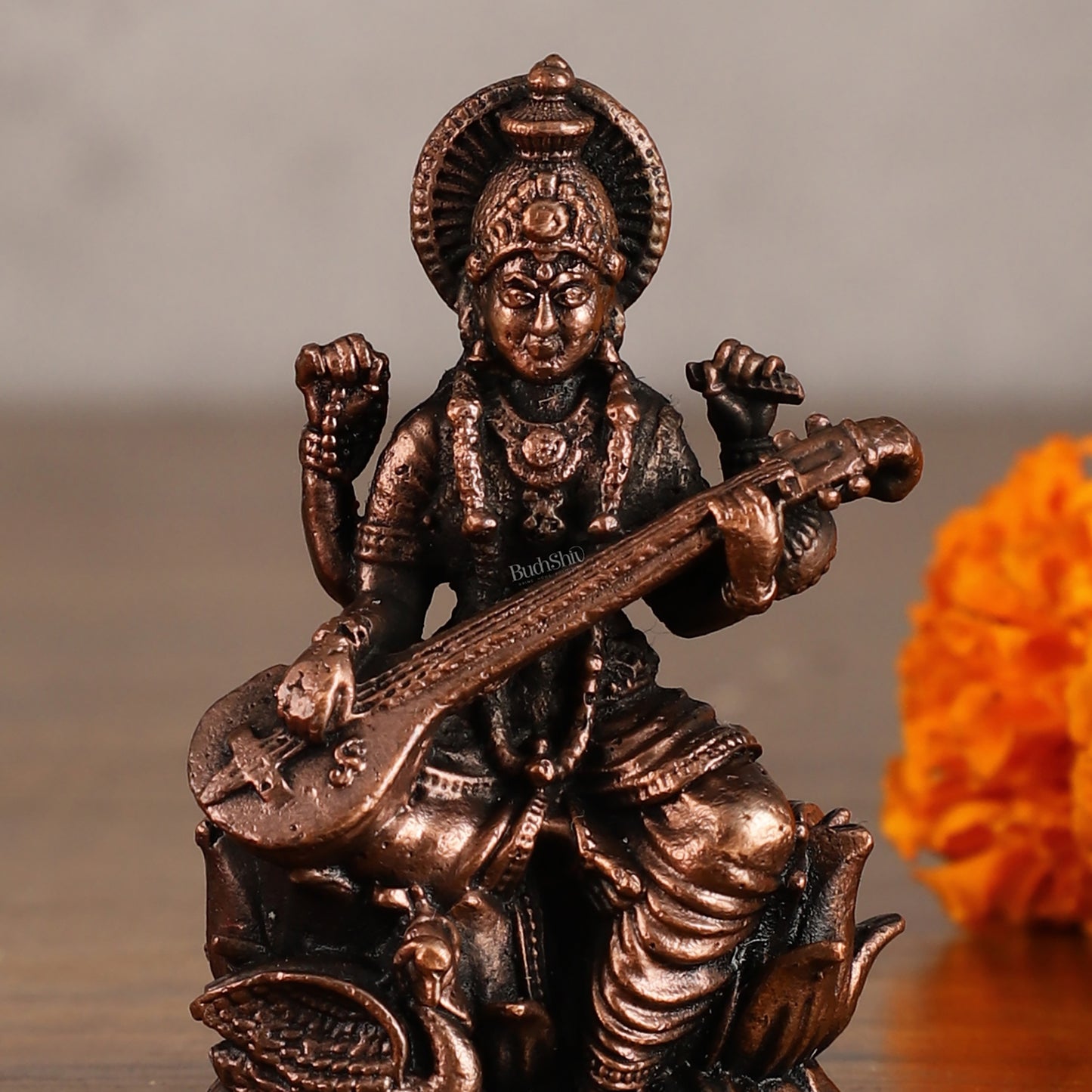 Pure Copper Saraswati on Lotus Idol | 3"