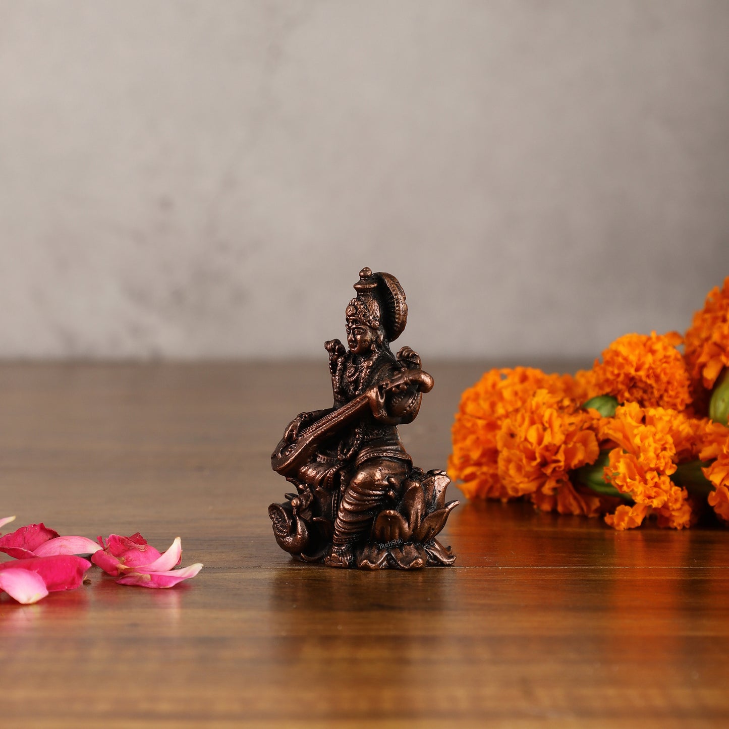 Pure Copper Saraswati on Lotus Idol | 3"