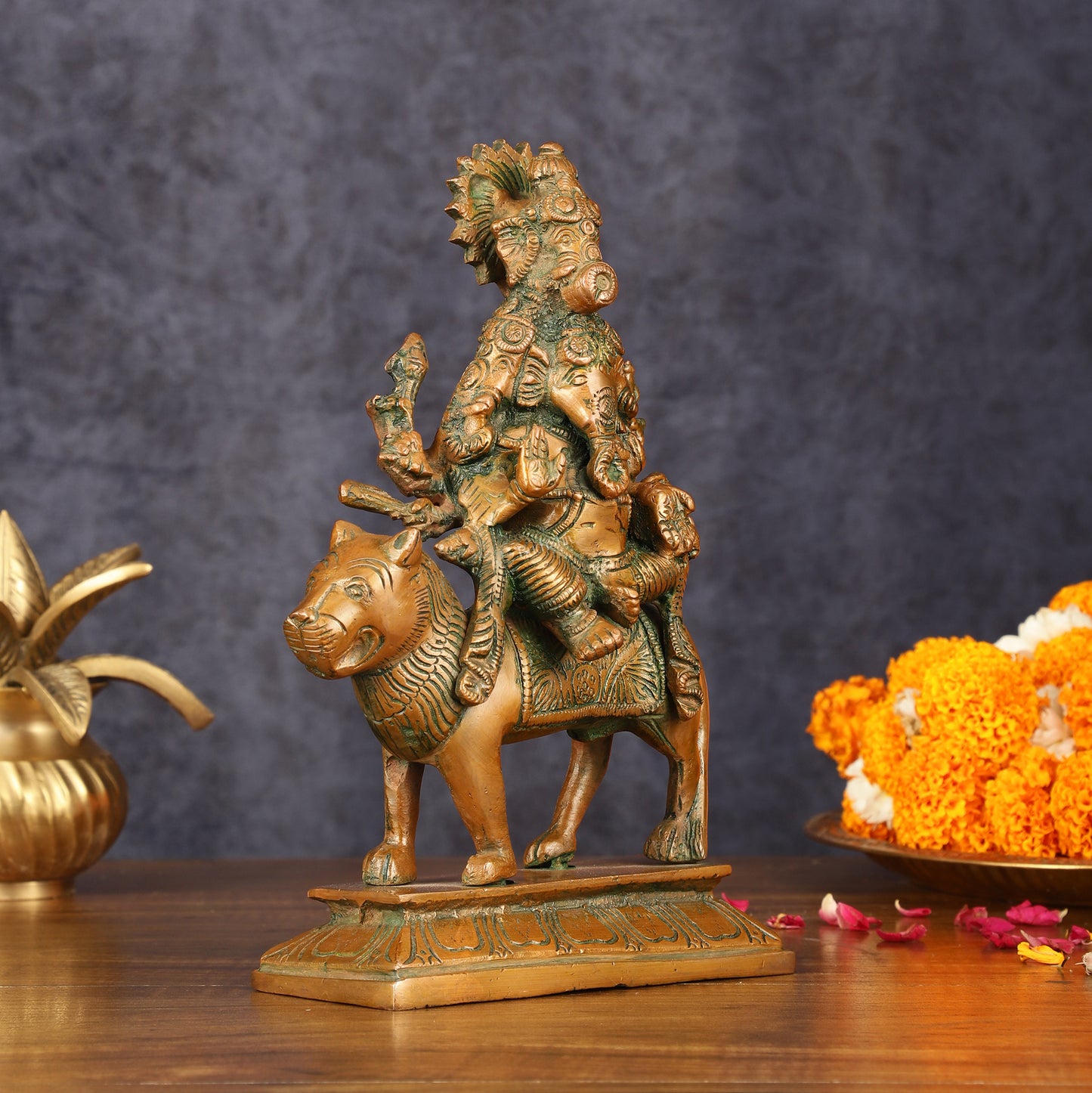 Brass Statue of Panchmukhi Heramba Ganesha - 9" Antique Bronze Finish