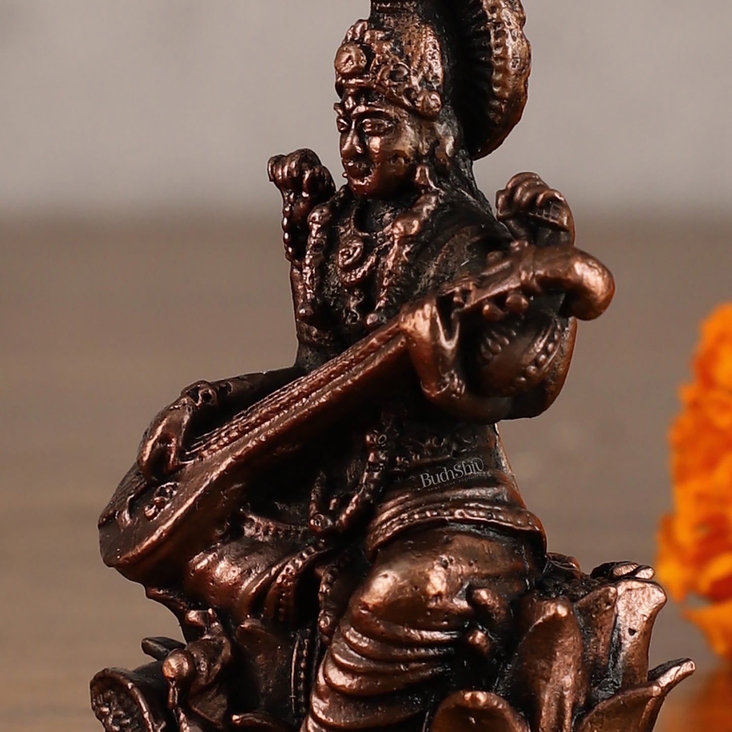 Pure Copper Saraswati on Lotus Idol | 3"