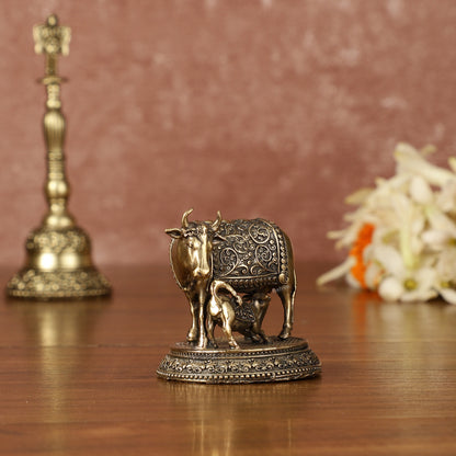 Brass superfine small Kamdhenu Cow with Calf Idol - 2" Tall