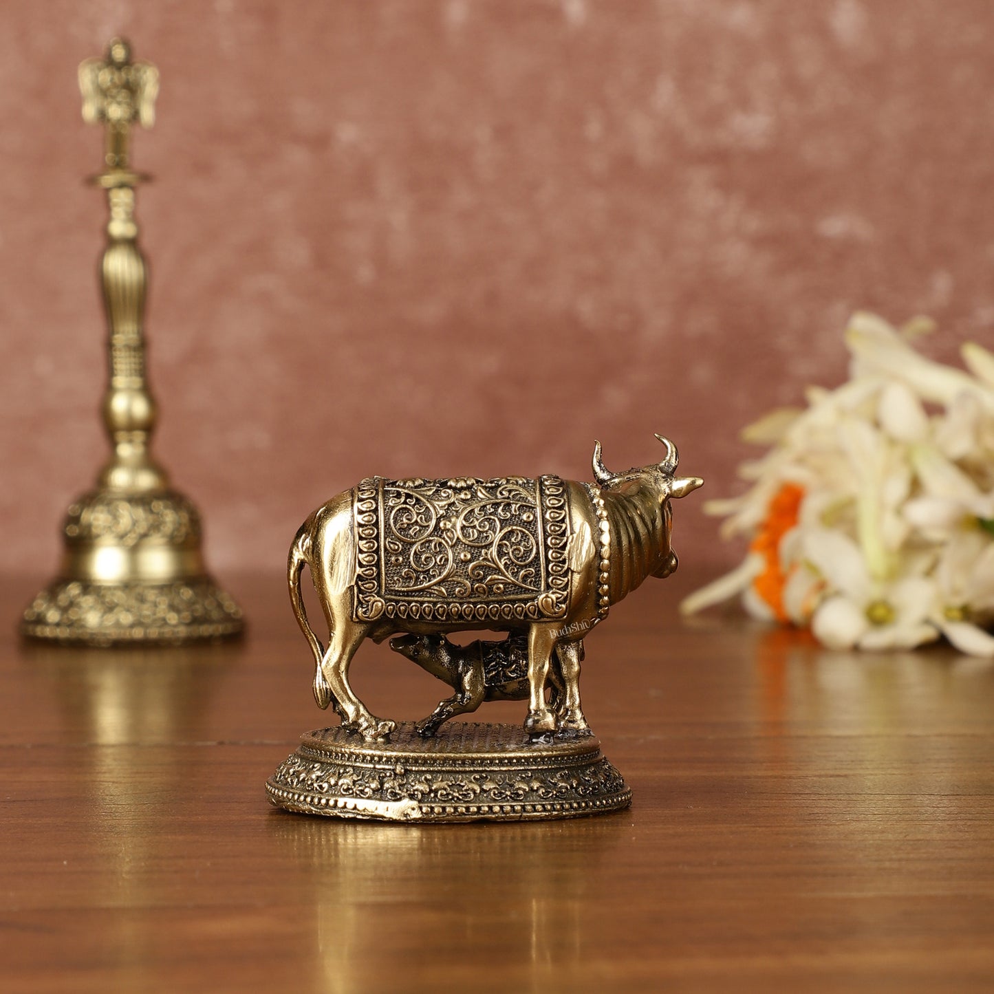 Brass superfine small Kamdhenu Cow with Calf Idol - 2" Tall