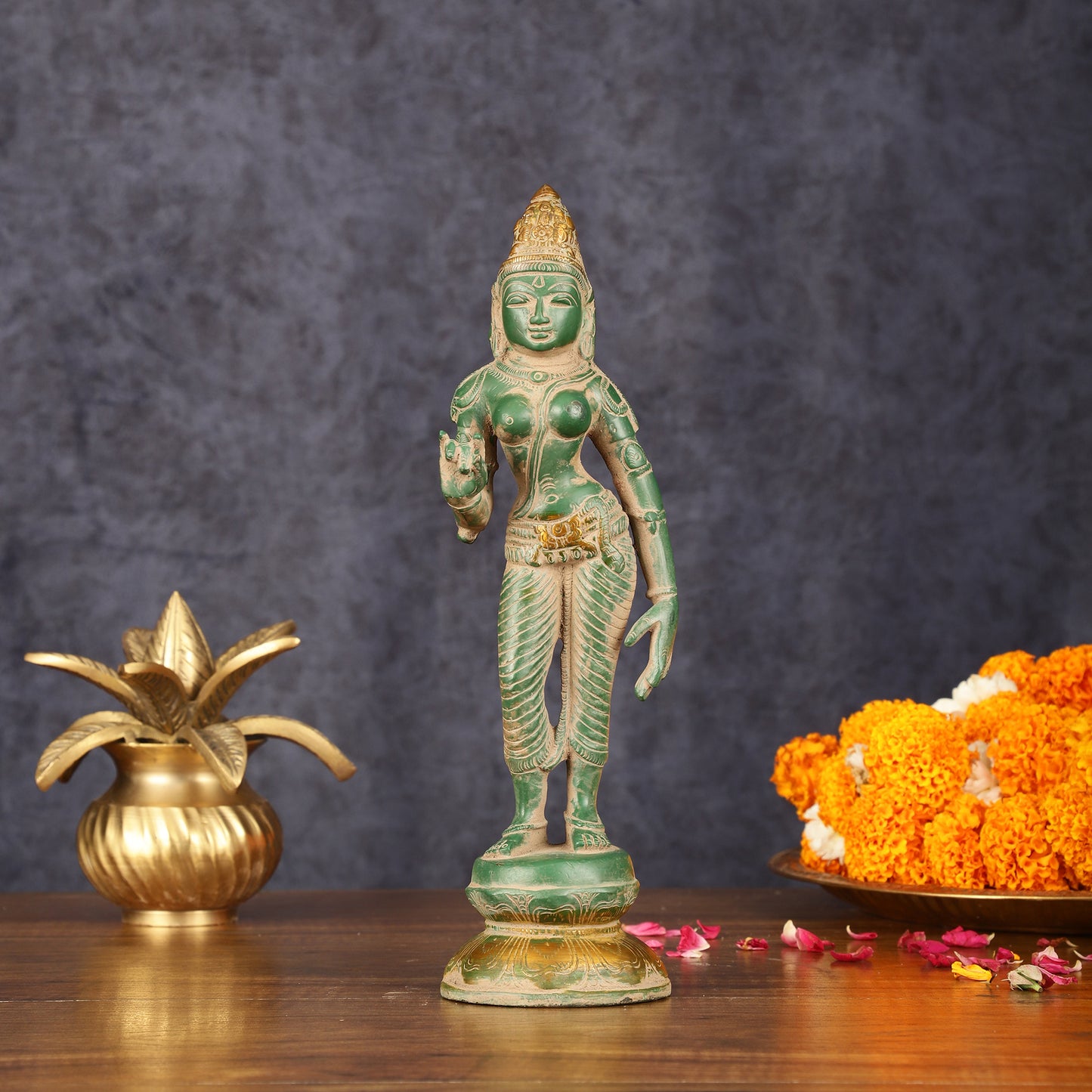 Pure Brass Goddess Uma Parvati Standing Idol in Green Antique Patina Finish - 10" Tall