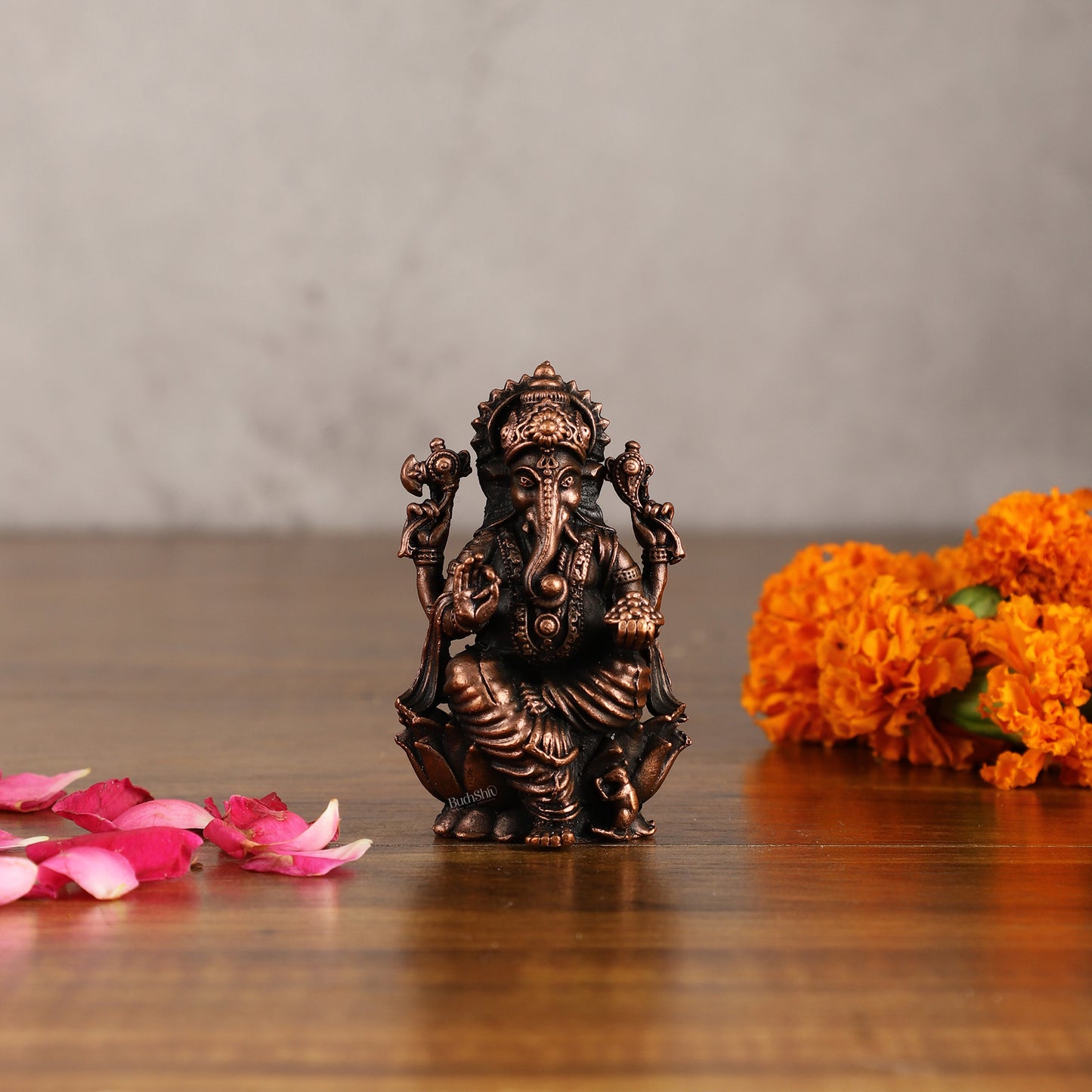 Pure Copper Ganesha on Lotus Idol | 3"