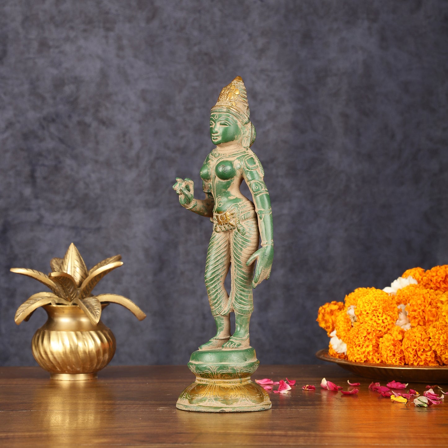 Pure Brass Goddess Uma Parvati Standing Idol in Green Antique Patina Finish - 10" Tall