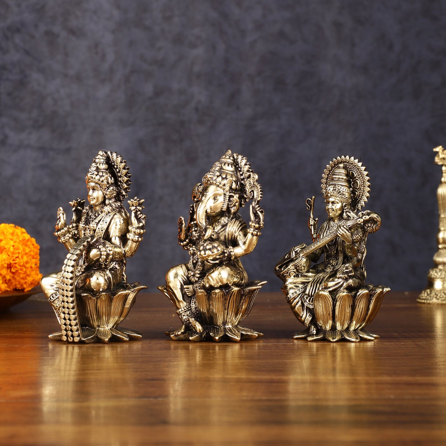 Brass Superfine Ganesh Lakshmi Saraswati Idols - 4 Inch