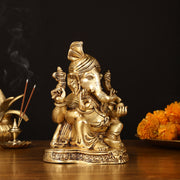 Brass Superfine Ganapati Wearing Turban Pagadi Idol - 8.5" Divine Sculpture
