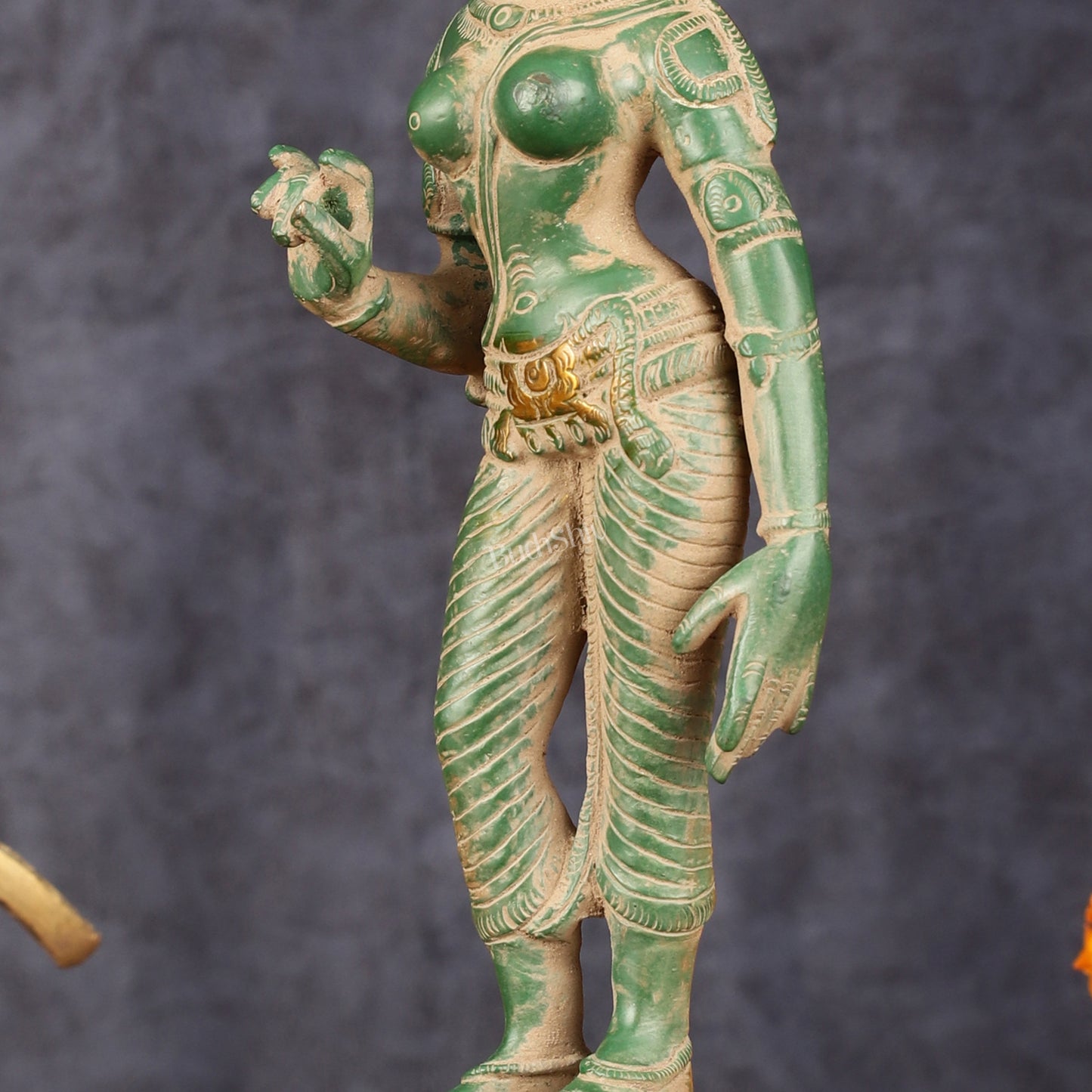 Pure Brass Goddess Uma Parvati Standing Idol in Green Antique Patina Finish - 10" Tall