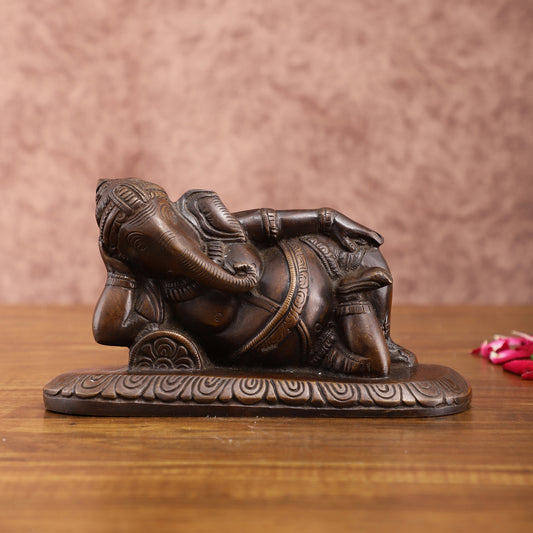 Brass Resting Lord Ganesha Statue – Chola Bronze Finish, 7.5 Inch, Vintage Design