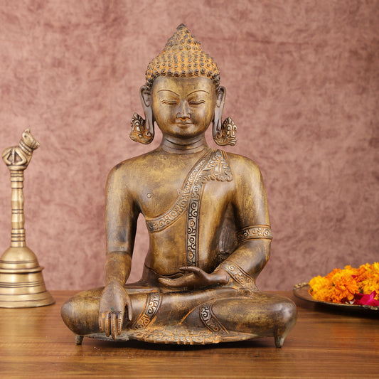 Brass Buddha Bhoomi Sparsha Antique Finish Statue | 13.5-inch Height, 6.6 kg