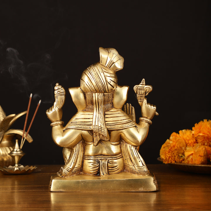 Brass Superfine Ganapati Wearing Turban Pagadi Idol - 8.5" Divine Sculpture