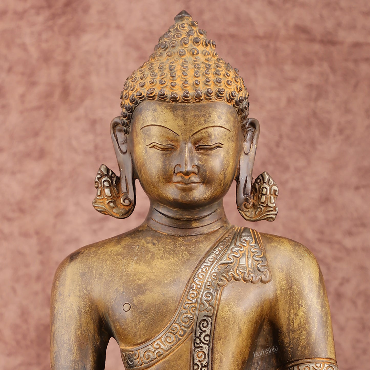 Brass Buddha Bhoomi Sparsha Antique Finish Statue | 13.5-inch Height, 6.6 kg