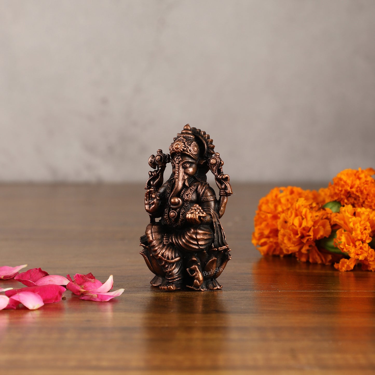 Pure Copper Ganesha on Lotus Idol | 3"