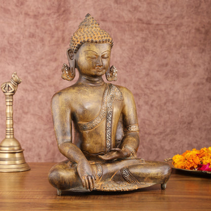 Brass Buddha Bhoomi Sparsha Antique Finish Statue | 13.5-inch Height, 6.6 kg