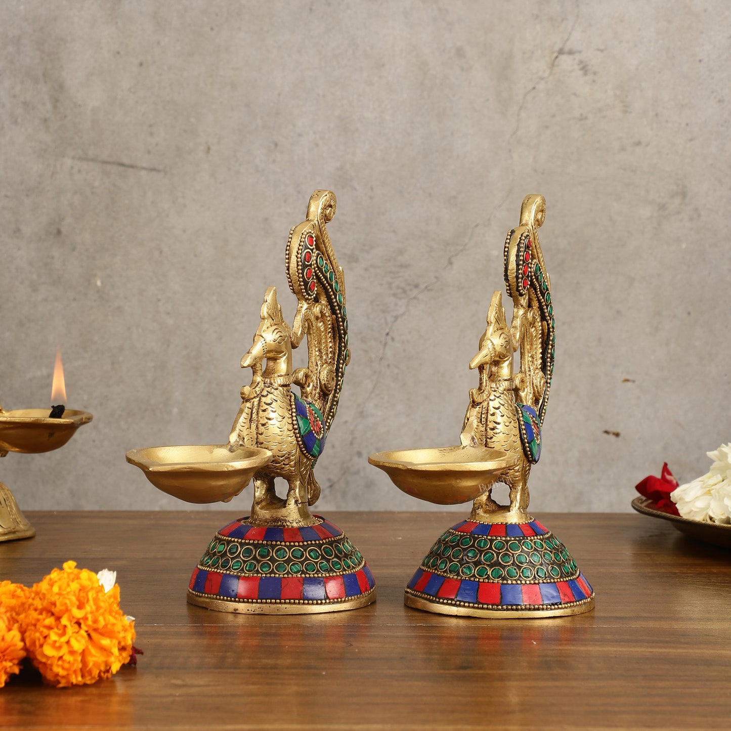 Peacock Brass Oil Lamps | 8 inches  Meenakari Stonework 8"