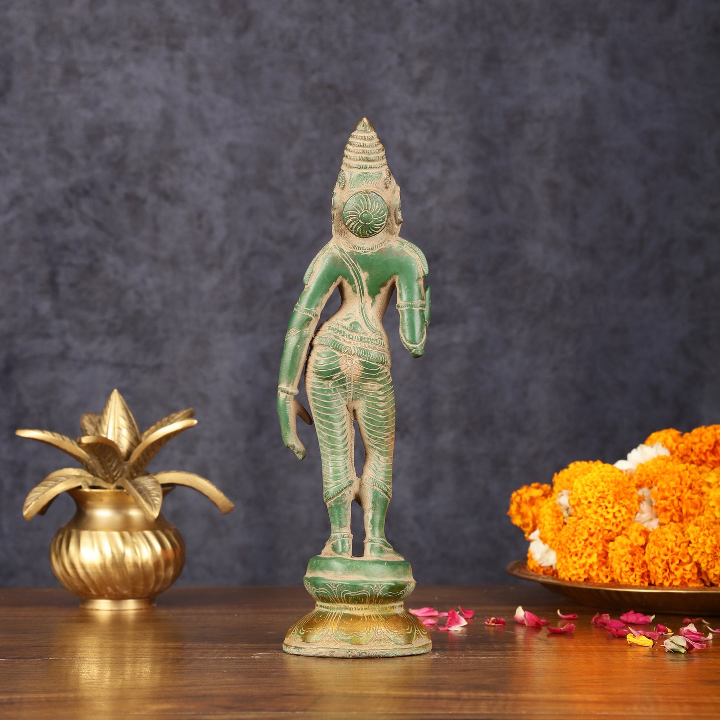 Pure Brass Goddess Uma Parvati Standing Idol in Green Antique Patina Finish - 10" Tall