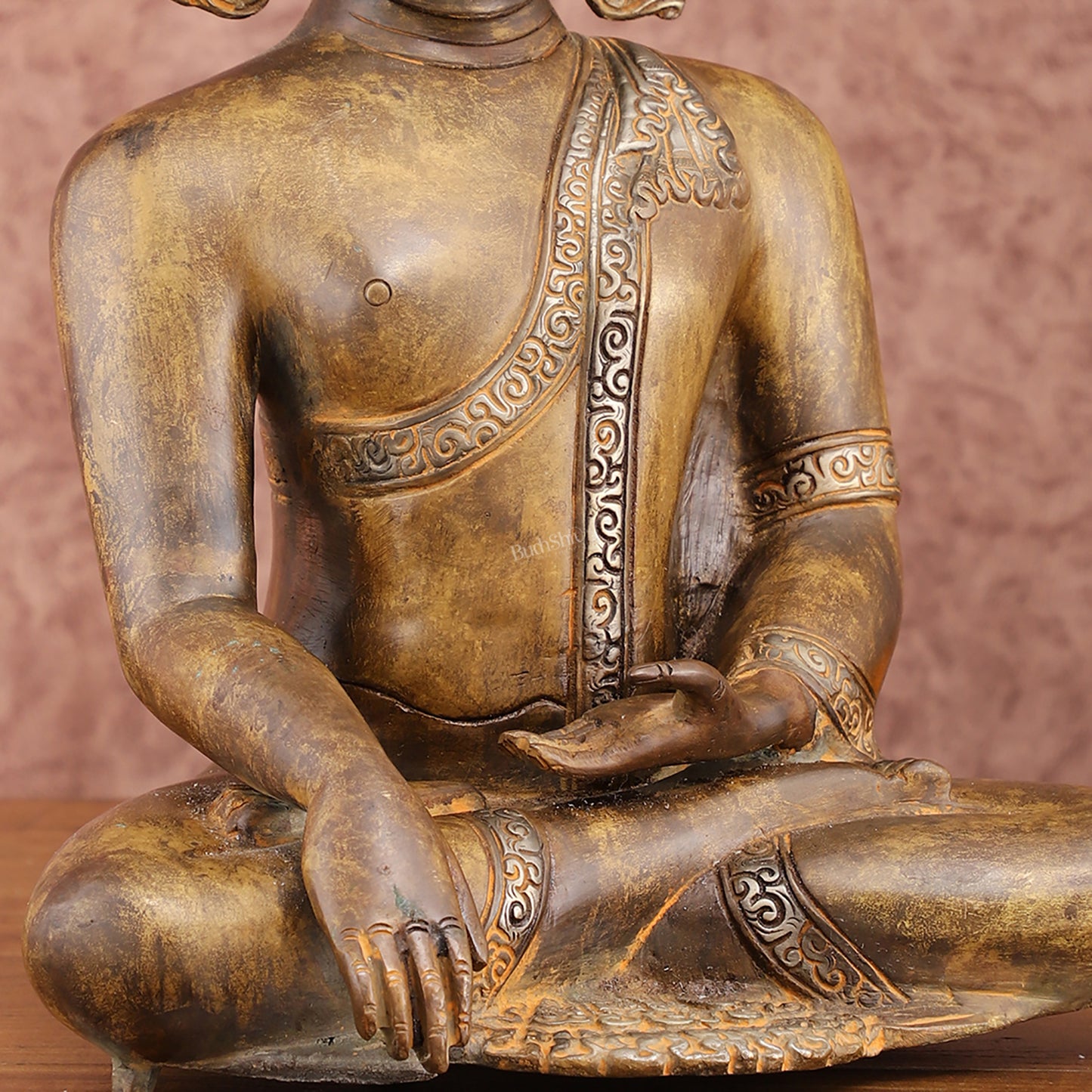 Brass Buddha Bhoomi Sparsha Antique Finish Statue | 13.5-inch Height, 6.6 kg