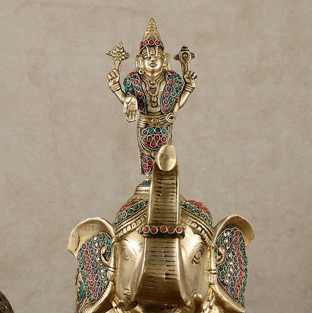 Pure Brass Lord Venkateshwara Swamy on Elephant with Fine Engravings & Stonework – 16.5 Inch