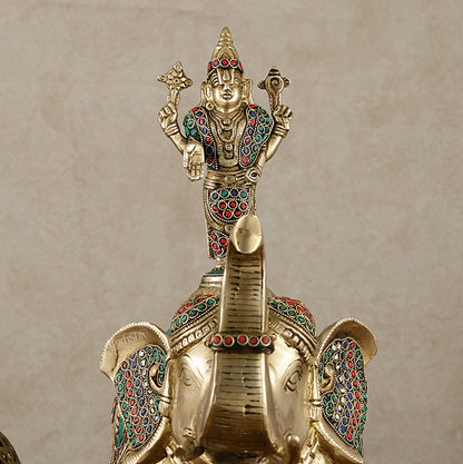 Pure Brass Lord Venkateshwara Swamy on Elephant with Fine Engravings & Stonework – 16.5 Inch