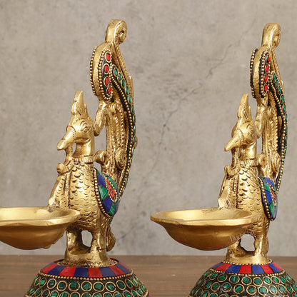 Peacock Brass Oil Lamps | 8 inches  Meenakari Stonework 8"