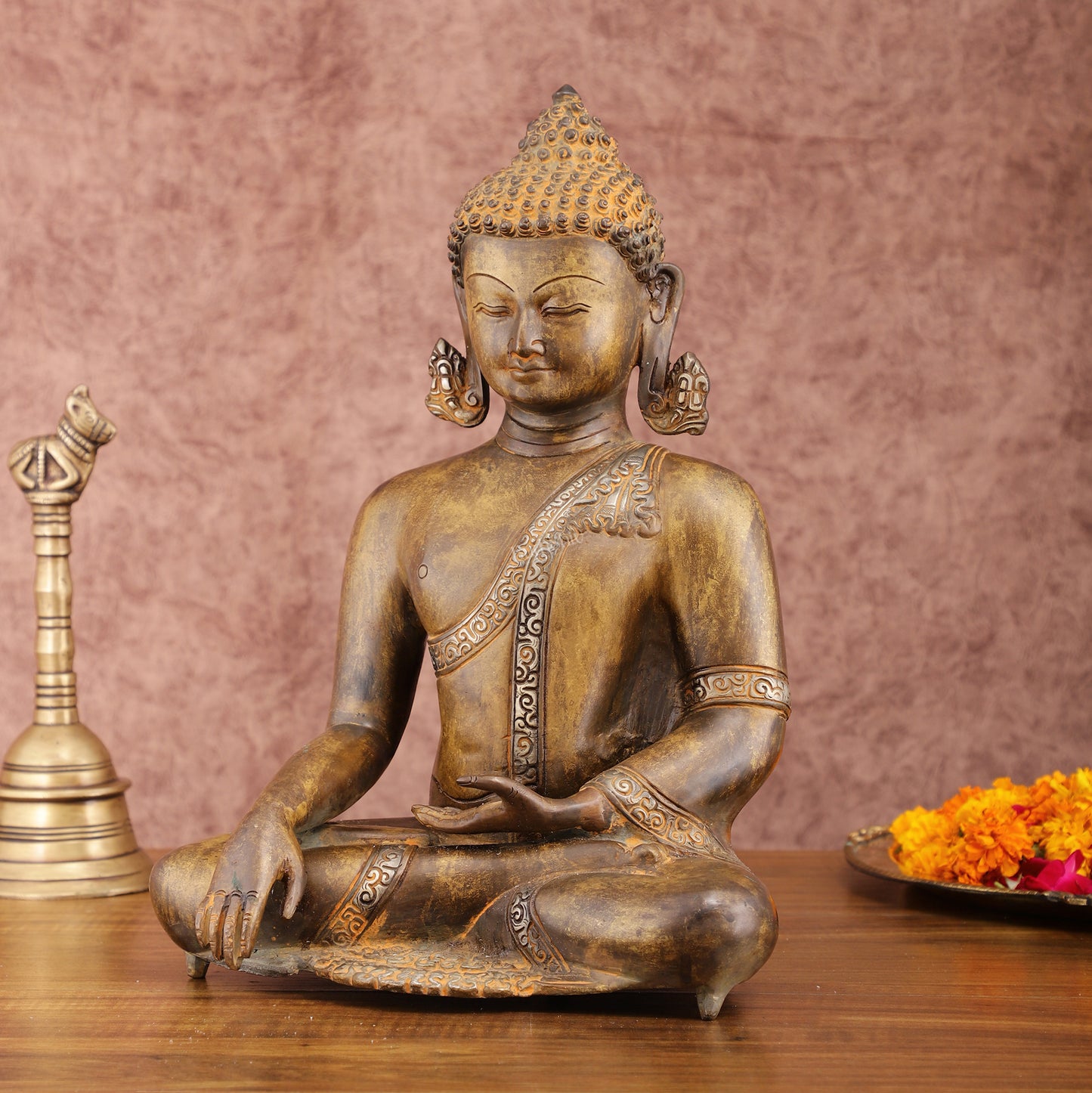 Brass Buddha Bhoomi Sparsha Antique Finish Statue | 13.5-inch Height, 6.6 kg