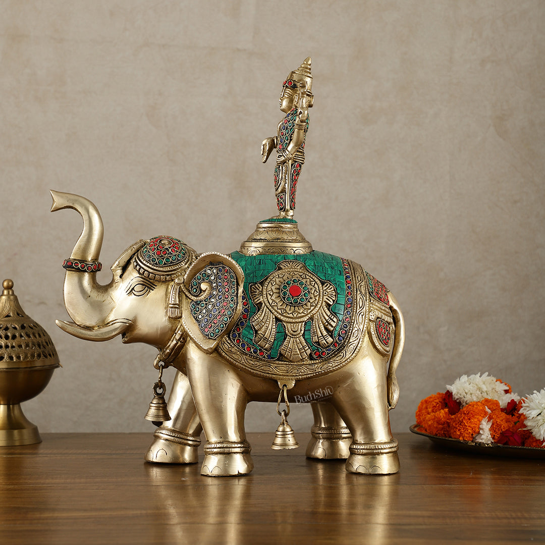 Pure Brass Lord Venkateshwara Swamy on Elephant with Fine Engravings & Stonework – 16.5 Inch