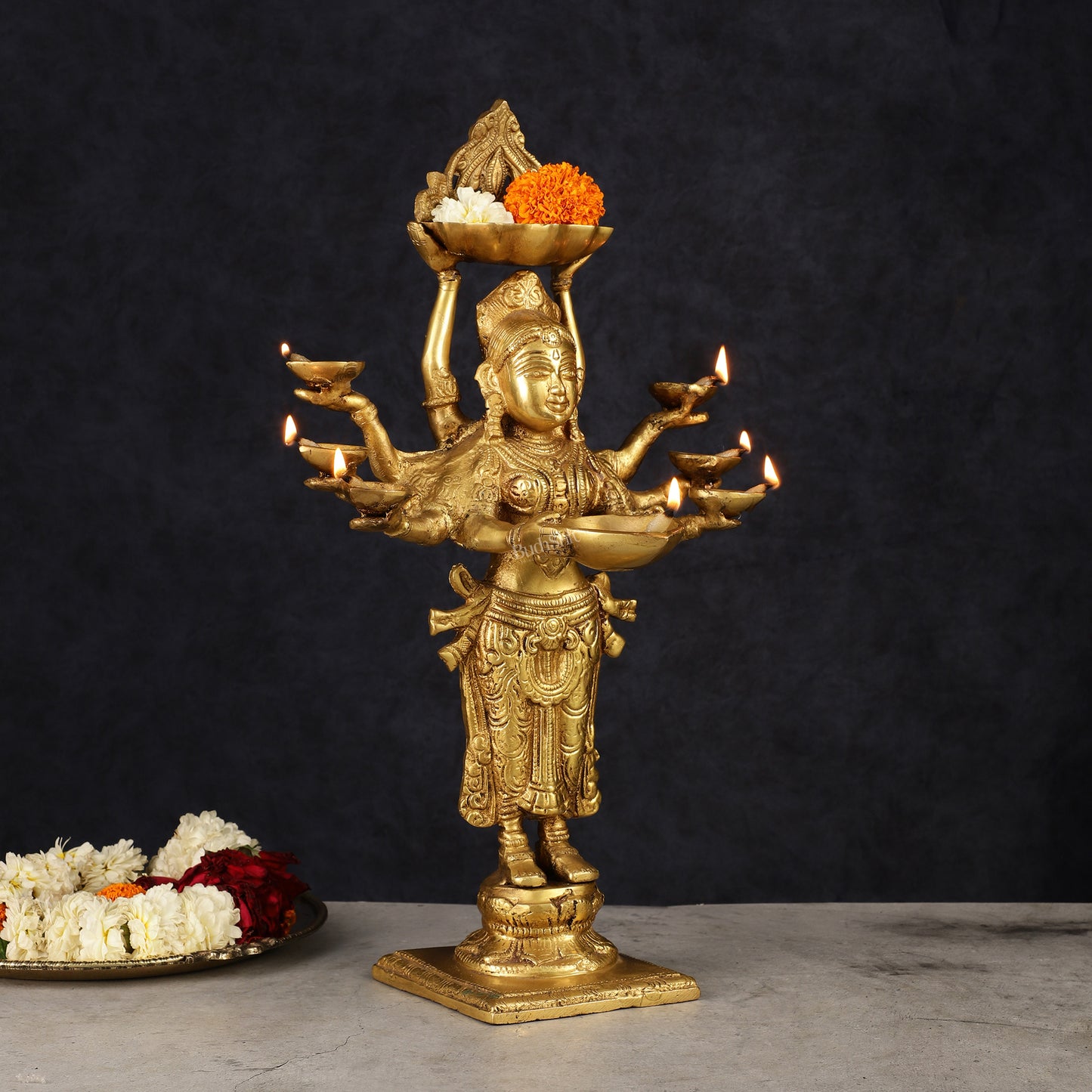 Brass Deep Lakshmi with Ten Hands Idol 15"