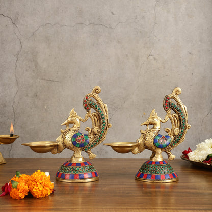 Peacock Brass Oil Lamps | 8 inches  Meenakari Stonework 8"