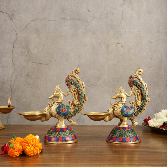 Peacock Brass Oil Lamps | 8 inches  Meenakari Stonework 8"