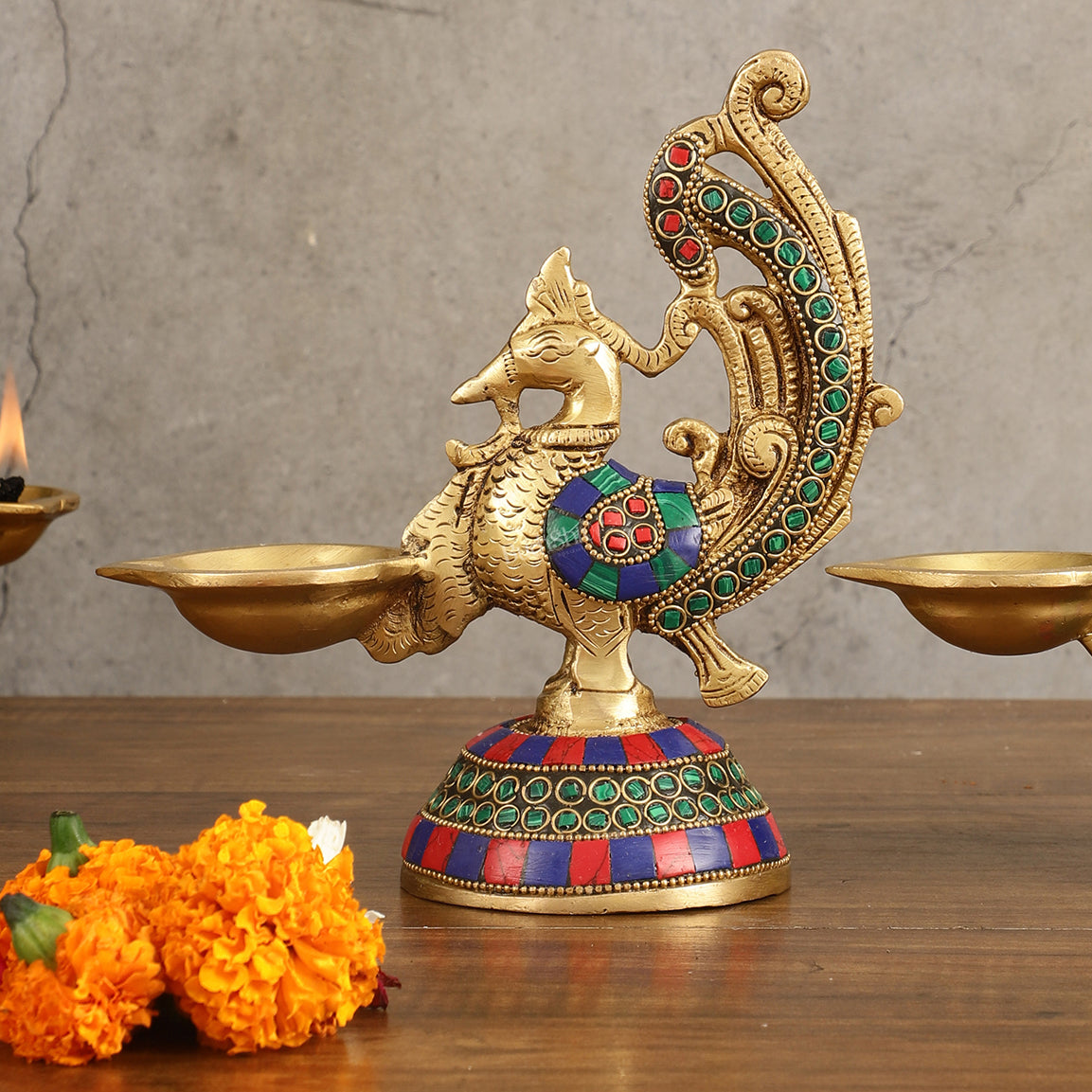 Peacock Brass Oil Lamps | 8 inches  Meenakari Stonework 8"