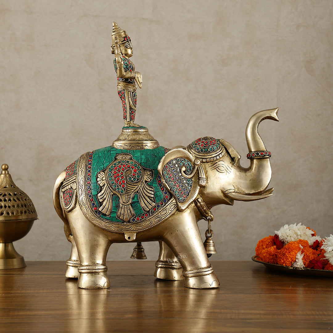 Pure Brass Lord Venkateshwara Swamy on Elephant with Fine Engravings & Stonework – 16.5 Inch