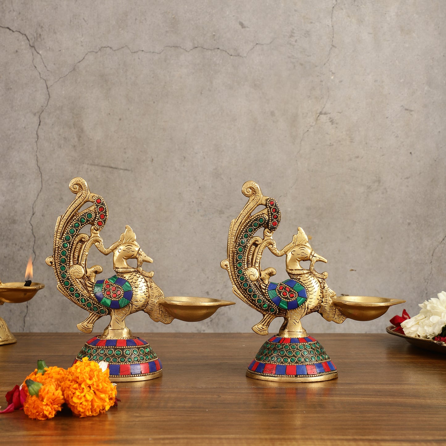 Peacock Brass Oil Lamps | 8 inches  Meenakari Stonework 8"