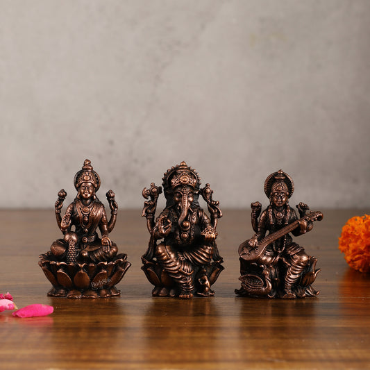 Set of Three Pure Copper Idols - Ganesha, Lakshmi, Saraswati | 3 Inch