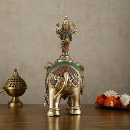 Pure Brass Lord Venkateshwara Swamy on Elephant with Fine Engravings & Stonework – 16.5 Inch