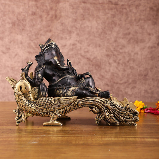 Black Gold Brass Lord Ganapathi Statue on Peacock Throne – 7.5" Exquisite Handcrafted Idol