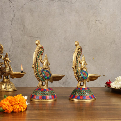 Peacock Brass Oil Lamps | 8 inches  Meenakari Stonework 8"