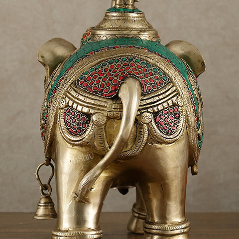 Pure Brass Lord Venkateshwara Swamy on Elephant with Fine Engravings & Stonework – 16.5 Inch