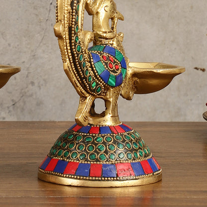 Peacock Brass Oil Lamps | 8 inches  Meenakari Stonework 8"