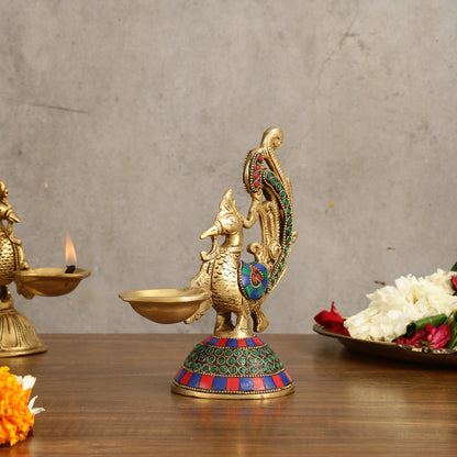 Peacock Brass Oil Lamp | 8 inches  Meenakari 8"